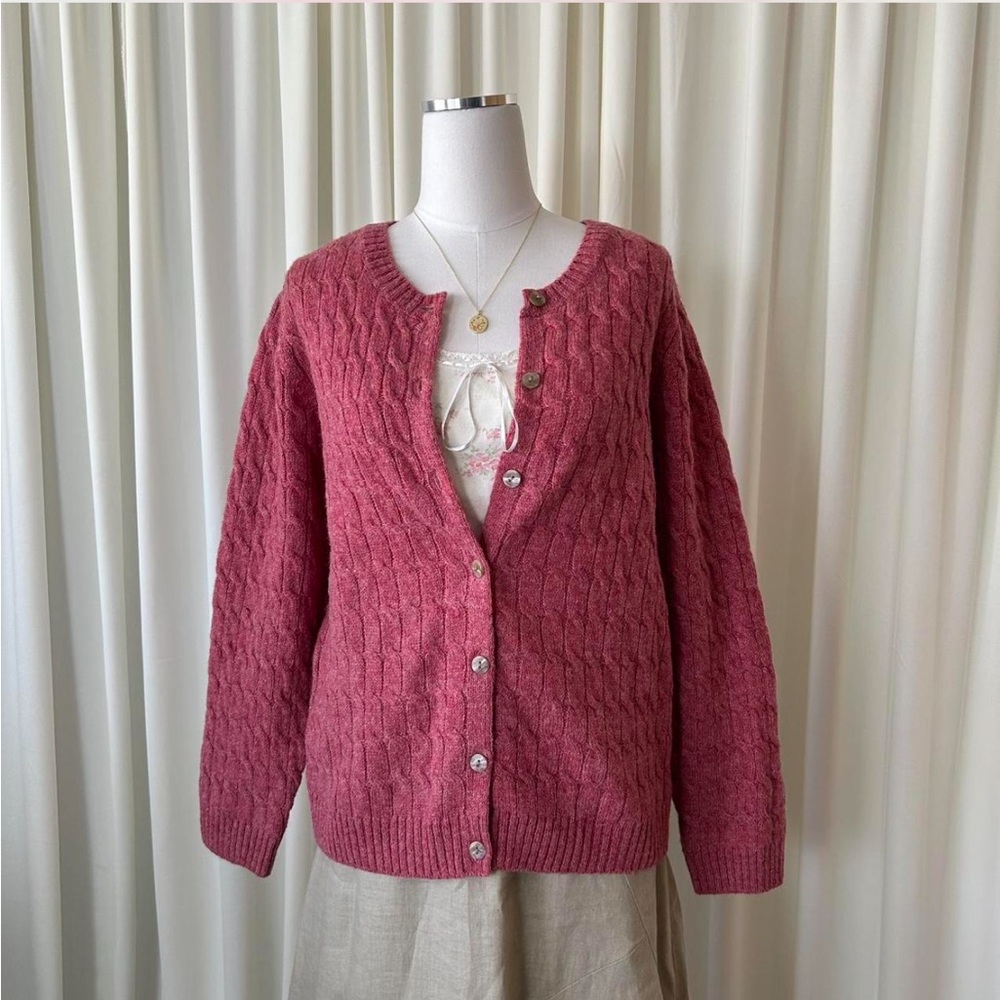 Appleseed's Y2K Style Grannycore Pink Cable Knit 100% Wool Cardigan Sweater PL. - Picture 5 of 9